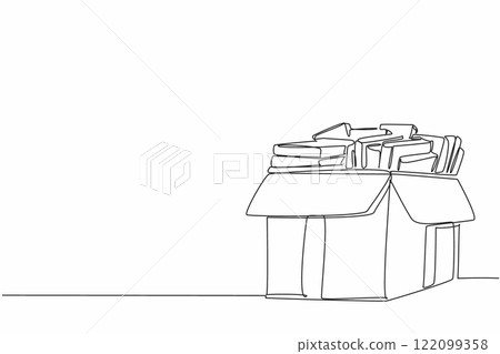 Continuous one line drawing cardboard box containing books. Arranged very neatly before being donated. Share with pleasure. National Donate a Book Day. Single line draw design vector illustration Continuous one line drawing cardboard box containing books. Arranged very neatly before being donated. Share with pleasure. National Donate a Book Day. Single line draw design vector illustration 122099358
