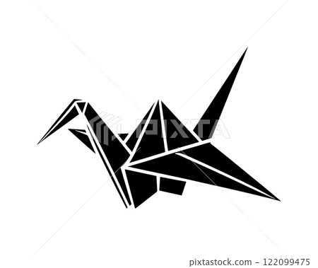 Silhouette illustration of a folded crane made with origami paper, cut out on a transparent background 122099475