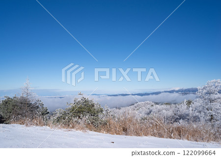 A view of the frosted forest and blue sky from the top of the mountain A view of the frosted forest and blue sky from the top of the mountain 122099664