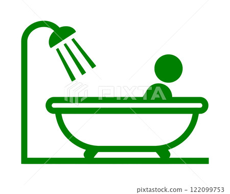 象形圖風格的插圖,顯示一個人在帶淋浴的浴室的浴缸裡洗澡,透明背景上的切口 象形圖風格的插圖,顯示一個人在帶淋浴的浴室的浴缸裡洗澡,透明背景上的切口 122099753
