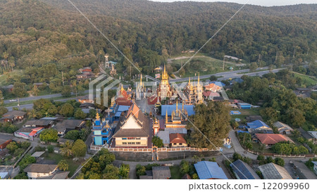Beautiful aerial view of Wat Huai Sai Khao one of the most iconic style in Phan District of Chiang Rai province of Thailand. 122099960