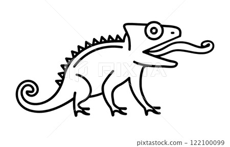 變色龍伸出舌頭的線條畫插圖,透明背景上的切口 變色龍伸出舌頭的線條畫插圖,透明背景上的切口 122100099