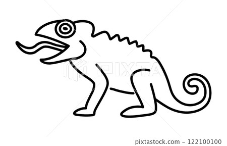 變色龍伸出舌頭的線條畫插圖,透明背景上的切口 變色龍伸出舌頭的線條畫插圖,透明背景上的切口 122100100