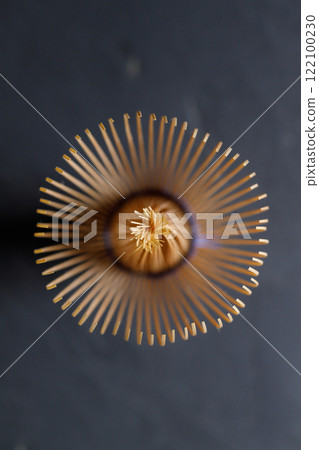 Closeup of Chasen or Bamboo whisk, an equipment for preparing matcha green tea. Closeup of Chasen or Bamboo whisk, an equipment for preparing matcha green tea. 122100230