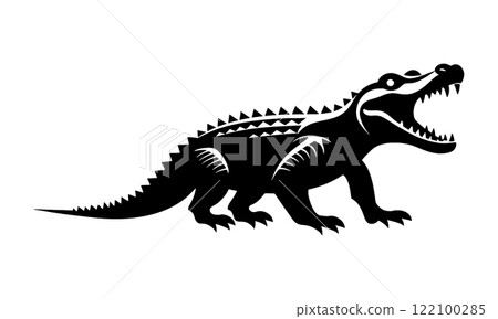 Black silhouette illustration of a crocodile with its mouth open, cut out on a transparent background Black silhouette illustration of a crocodile with its mouth open, cut out on a transparent background 122100285