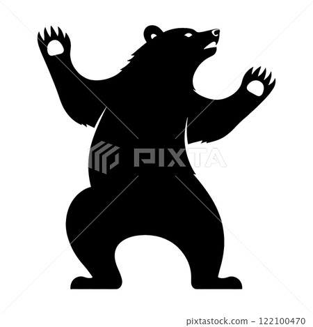 Silhouette illustration of a dangerous bear in an attacking pose, cut out on a transparent background 122100470