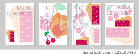 National Cherry Pie Day. Pie top view. Cooked tasty round food pastry pie desserts exact vector, cherry pie. 122100480