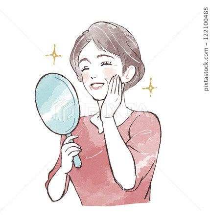 A woman smiling while checking the condition of her skin with a hand mirror 122100488