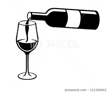 Silhouette illustration of the moment wine is poured from a wine bottle into a glass, cut out on transparent background 122100942