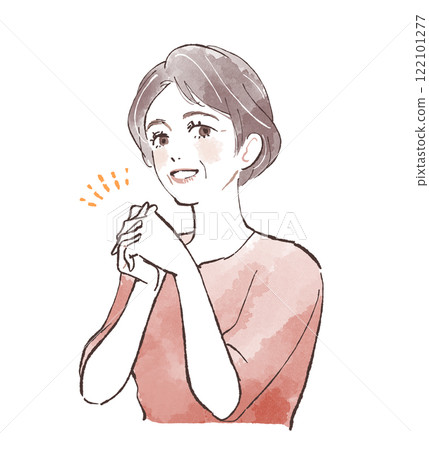 A woman with a happy expression and folded hands A woman with a happy expression and folded hands 122101277