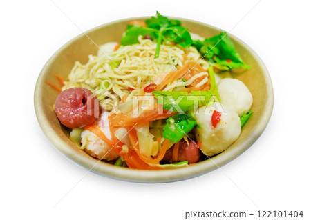 Top view of noodle spicy salad with Crab stick Sausage, focus selective Top view of noodle spicy salad with Crab stick Sausage, focus selective 122101404
