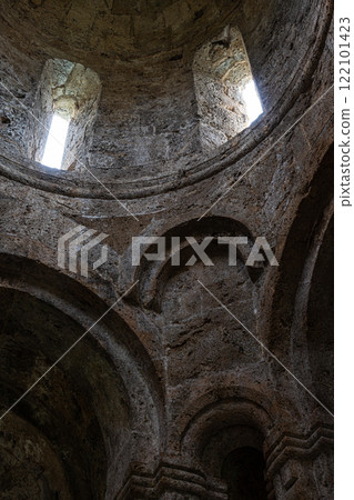 Ruins of Kvetera fortress city in the Georgian Caucasus mountains 122101423