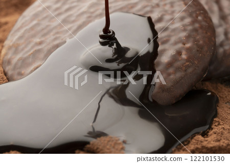 Pour thick chocolate sauce over the chocolate pie Pour thick chocolate sauce over the chocolate pie 122101530