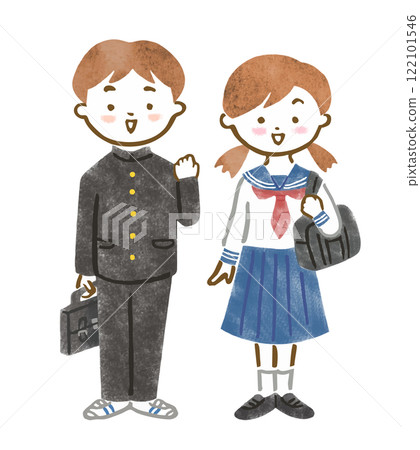 Illustration of male and female students wearing uniforms (gakuran, sailor suit) 122101546