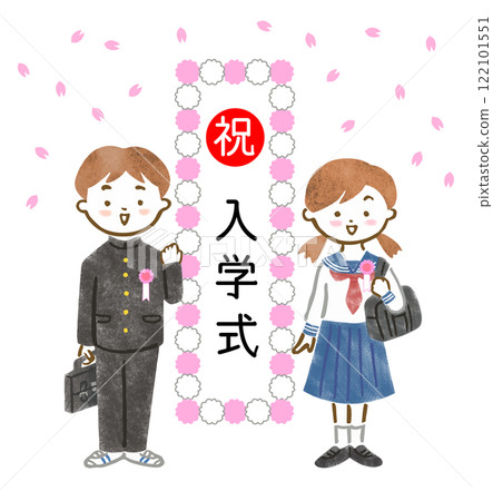 Illustration of an entrance ceremony for male and female students wearing uniforms (gakuran, sailor suits) 122101551