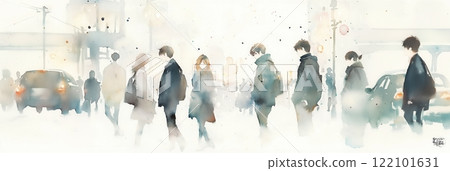 Tokyo commuter scene depicted in watercolors 122101631