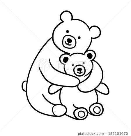 一隻大泰迪熊深情擁抱一隻小泰迪熊的線條畫插圖，在透明背景上剪下 122101670