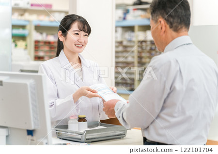 A female pharmacist and an elderly man explaining medicines at the pharmacy cash register 122101704
