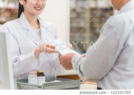 一位女藥劑師和一位老人在藥局收銀台解釋藥品 一位女藥劑師和一位老人在藥局收銀台解釋藥品 122101705