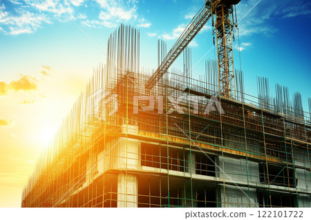 Sunset Over Construction Site with Crane and Scaffolding Against Vibrant Sky 122101722