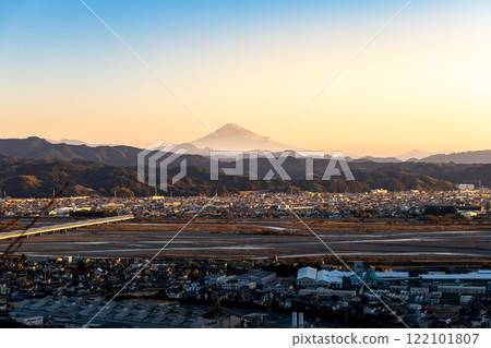 Mt. Fuji and the towns of Shimada and Kanaya as seen from Makinohara in Shimada, Shizuoka Prefecture, Mt. Fuji and the towns of Shimada and Kanaya as seen from Makinohara in Shimada, Shizuoka Prefecture, 122101807