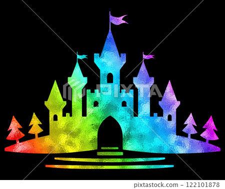 童話城堡的彩虹色漸層剪影插圖，黑色背景上的切口 122101878