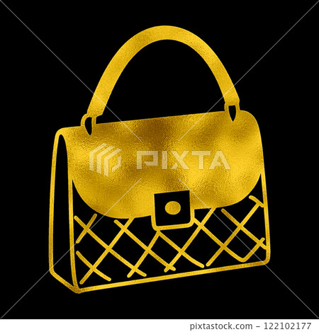 Gold silhouette illustration of luxury brand handbag, cut out on black background Gold silhouette illustration of luxury brand handbag, cut out on black background 122102177
