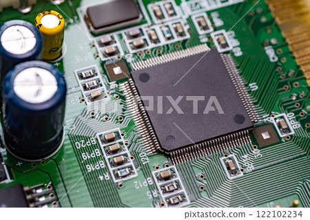 High resolution close up photo of a computer motherboard 122102234