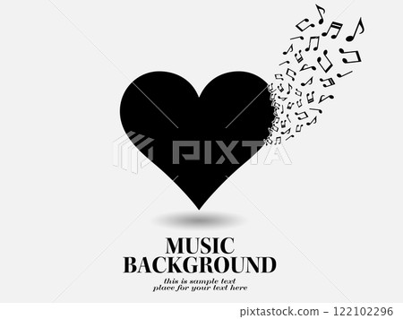Musical themed heart background with floating particle pieces of musical notes Musical themed heart background with floating particle pieces of musical notes 122102296
