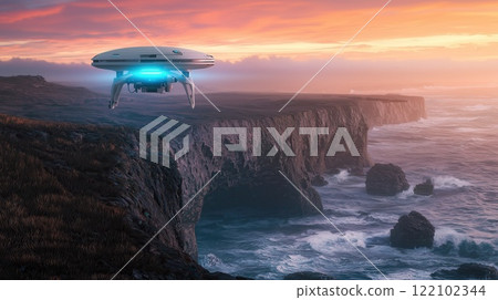 Advanced Research Drone Scanning Ocean at Sunset Over Dramatic Coastal Cliffs with Glowing Blue Beam 122102344