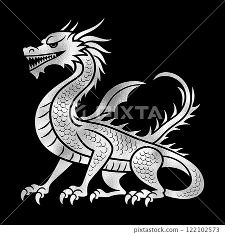 Cool dragon silver silhouette illustration, cut out on black background 122102573
