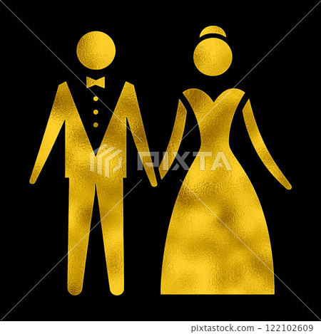 金色象形圖風格的男女正裝插圖，黑色背景上的剪紙 122102609