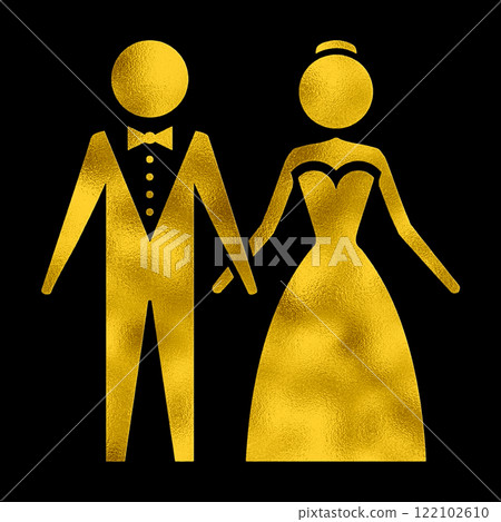 Gold pictogram-style illustration of a man and woman in formal attire, cut out on black background Gold pictogram-style illustration of a man and woman in formal attire, cut out on black background 122102610