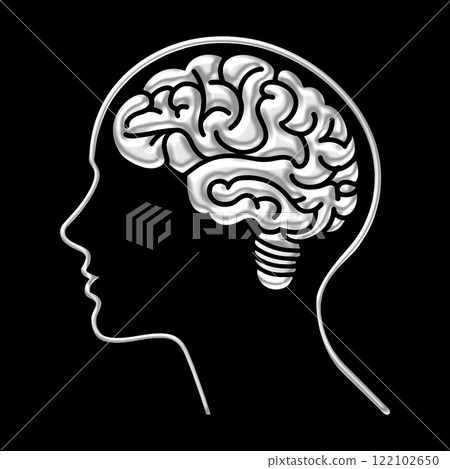 Metallic silhouette illustration of a brain inside a human head, cut out on black background Metallic silhouette illustration of a brain inside a human head, cut out on black background 122102650