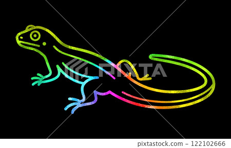 Rainbow gradient lizard line drawing illustration, cut out on black background Rainbow gradient lizard line drawing illustration, cut out on black background 122102666