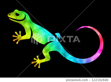 黑色背景上的蜥蜴彩虹顏色漸層剪影圖切口 122102680
