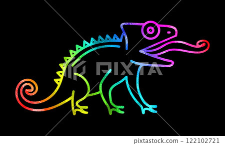 彩虹色漸層手繪線畫變色龍伸出舌頭的插圖,黑色背景上的切口 彩虹色漸層手繪線畫變色龍伸出舌頭的插圖,黑色背景上的切口 122102721