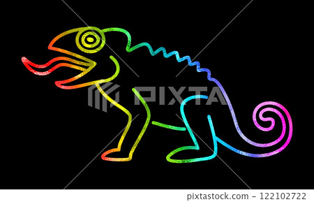 A hand-drawn line drawing illustration of a chameleon with its tongue out, rainbow-colored gradient, cut-out on a black background 122102722