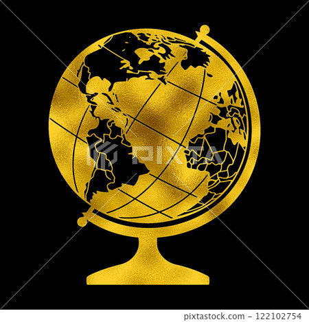 黑色背景上的地球儀剪影的金色剪影插圖 黑色背景上的地球儀剪影的金色剪影插圖 122102754