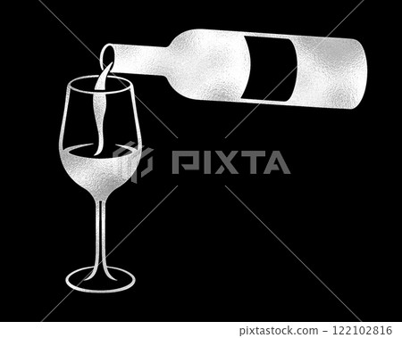 當葡萄酒從酒瓶倒入玻璃杯時的銀色剪影插圖，黑色背景上的切口 122102816