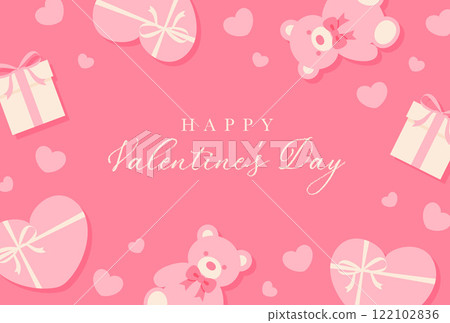 Valentine's Day background illustration with pink teddy bear, gift box and heart 122102836