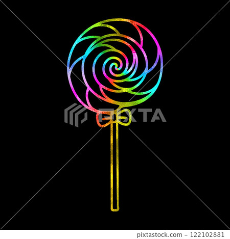 Rainbow gradient line drawing illustration of a lollipop swirl on a stick, cut out on a black background 122102881