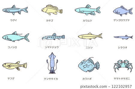 春天的魚圖標集線條畫簡單的設計顏色 122102957