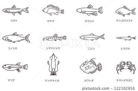 Spring fish icon set Line drawing Simple design 122102958