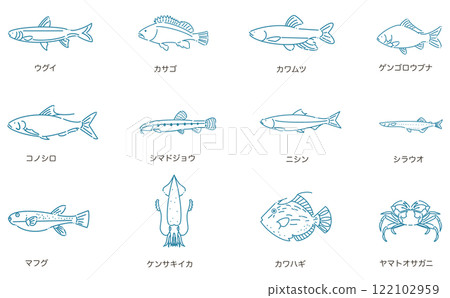 Spring fish icon set Line drawing Simple design Spring fish icon set Line drawing Simple design 122102959