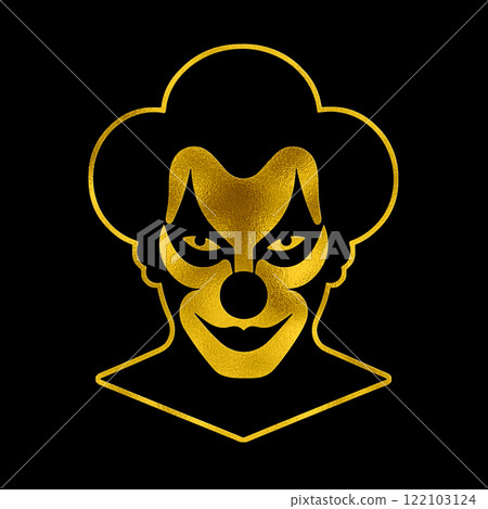 遊樂園小丑面具的金色輪廓圖，臉色恐怖，黑色背景有切口 122103124