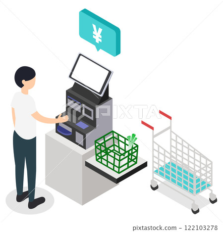 Isometric illustration of a man using a self-checkout at a supermarket 122103278