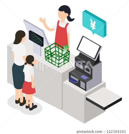 超市家長和兒童購物者、店員和半自助結帳登記冊的等距插圖 超市家長和兒童購物者、店員和半自助結帳登記冊的等距插圖 122103281