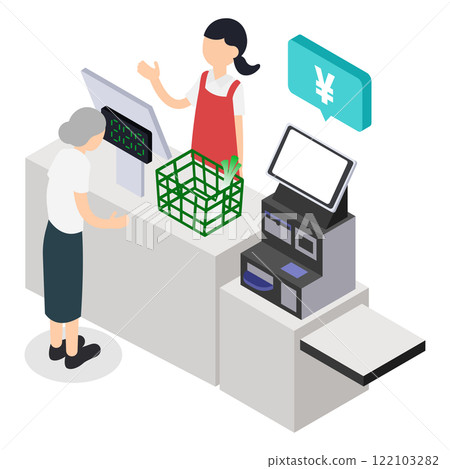 超市老年購物者和店員半自助結帳登記的等距圖 122103282