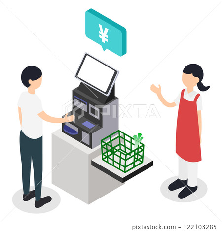 一名男子在超市使用自助結帳台和一名店員引導他的等距插圖 122103285